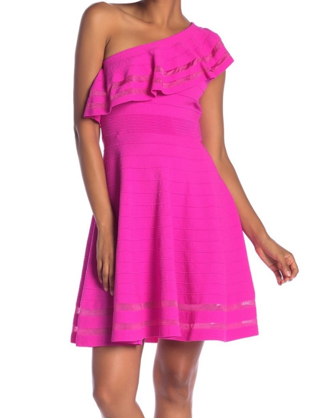 Ted Baker US 14 One-Shoulder Ruffle Fit & Flare Dress in Bright Pink
